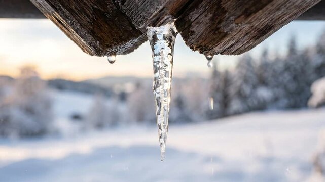 Melting icicle with water drops dripping from wooden roof in winter landscape