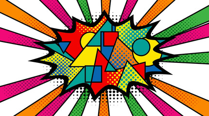 Fototapeta premium A vibrant pop art style explosion graphic featuring an array of colorful geometric shapes and halftone patterns against a background of radiating multi-colored lines.