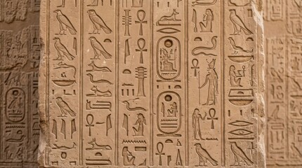 Fototapeta premium Ancient Egyptian hieroglyphs carved into stone temple wall.
