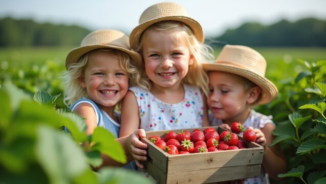 Happy children holding freshly picked strawberries in sunny berry field with their mother in background. Family harvest, healthy organic food, joyful childhood, summer countryside lifestyle