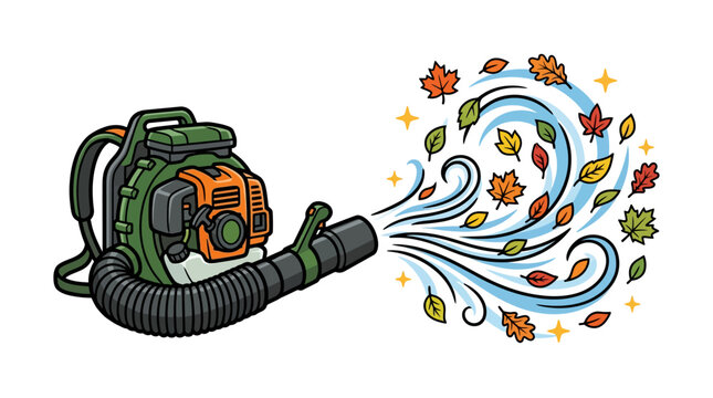 An illustration of a green and orange backpack leaf blower actively blowing colorful autumn leaves with a strong gust of wind.