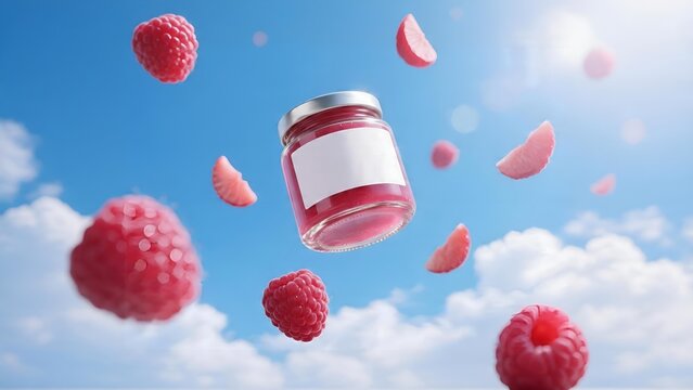 Raspberry Jam Jar Floating With Fresh Berries Against A Sunny Blue Sky.