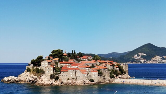 Aerial View of Sveti Stefan Island on the Adriatic Coast of Montenegro