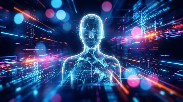 Futuristic Artificial Intelligence Avatar Emerging from Digital Data Streams in Neon Light