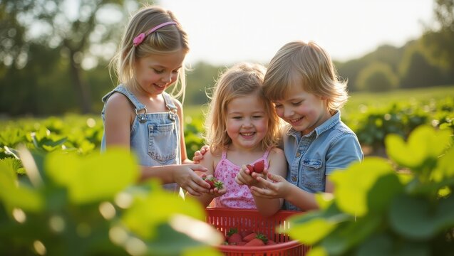 Happy children holding freshly picked strawberries in sunny berry field with their mother in background. Family harvest, healthy organic food, joyful childhood, summer countryside lifestyle