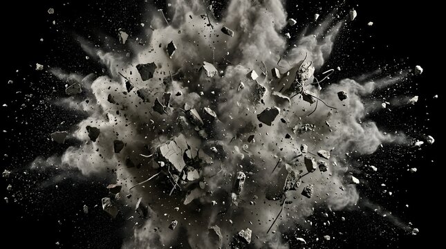 Massive Concrete Explosion With Flying Debris Dust Cloud Isolated On Black Background Dynamic