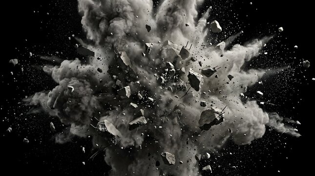 Massive Concrete Explosion With Flying Debris Dust Cloud Isolated On Black Background Dynamic