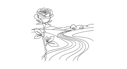 Obraz premium Single Rose Flower, Winding Road, Landscape Line Drawing Art