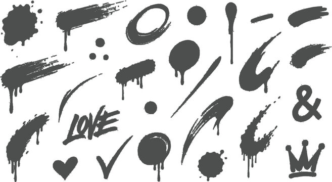 Graffiti style brush strokes and symbols in a dynamic collection with drippy paint effects and a clean background
