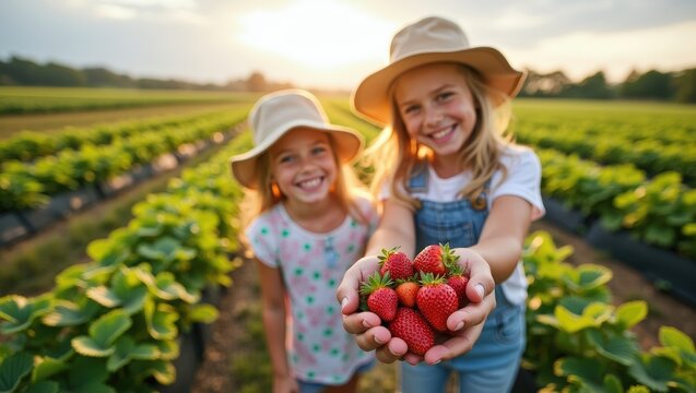 Happy children holding freshly picked strawberries in sunny berry field with their mother in background. Family harvest, healthy organic food, joyful childhood, summer countryside lifestyle