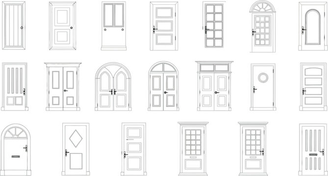 Various architectural door designs outlined on a white background with clean lines for design projects