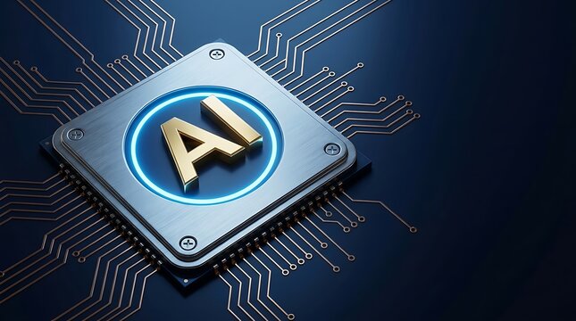 Golden AI letters on futuristic microchip processor representing artificial intelligence tech