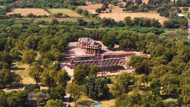 Aerial Drone View of Modhera Sun Temple, Historic Stepwell and Temple Complex in Gujarat, India