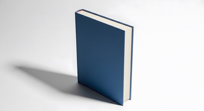 A single plain blue hardback book standing upright with its pages open slightly