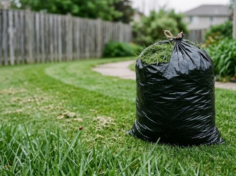 Black trash bag full of fresh grass clippings on lawn with weathered fence, morning dew