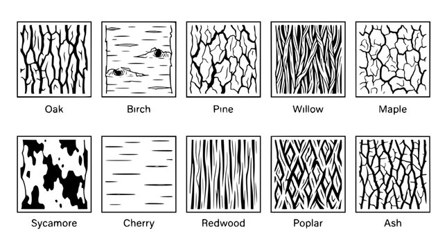 Tree Bark Textures: Oak, Birch, Pine, Willow, Maple, Sycamore, Cherry, Redwood, Poplar, Ash