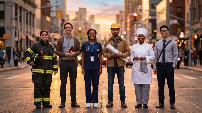 Diverse essential workers standing united in urban setting. Frontline professionals posing confidently on city street at dusk.