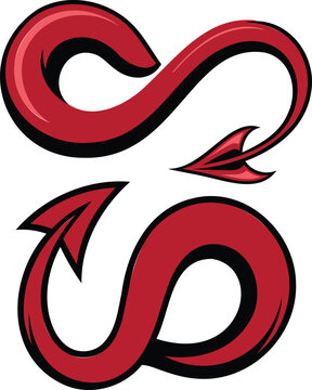 Stylized red arrow designs with bold black outlines resembling devil tails, symbolizing infinite paths and motion