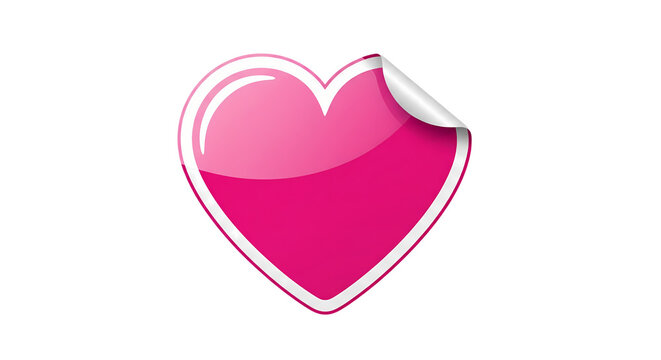 Glossy pink heart sticker with peeled corner isolated on a white background for design