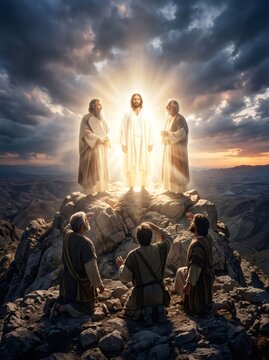 Jesus transfiguration on mountain with shining light and disciples