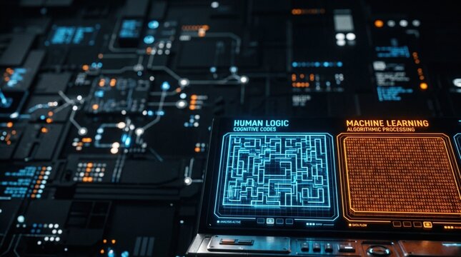 Digital interface displaying human logic and machine learning algorithms with blue and orange graphics on a dark circuit board background