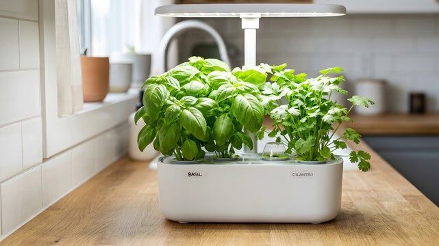 Minimalist indoor hydroponic garden featuring fresh basil and cilantro on a clean kitchen countertop