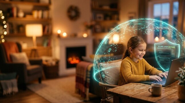Young girl with long hair wearing a yellow sweater uses a laptop at a wooden table in a cozy living room with a fireplace and decorative lights