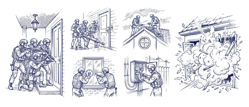 SWAT Team Tactical Breaching Illustration Set showing police officers entering houses, breaking doors with battering rams, cutting power wires, climbing roof, and window explosion in blue sketch style