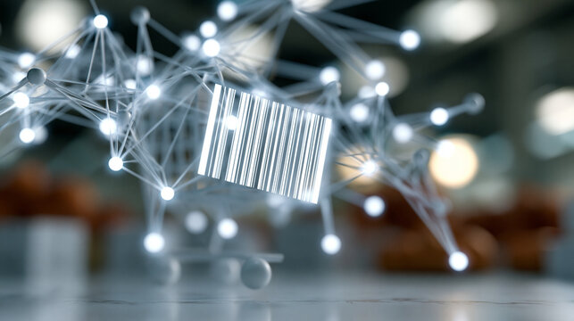 Bright digital interface with a glowing barcode and connected supply chain nodes floating over a clean surface smart food logistics concept traceability technology futuristic