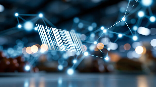 Bright digital interface with a glowing barcode and connected supply chain nodes floating over a clean surface smart food logistics concept traceability technology futuristic