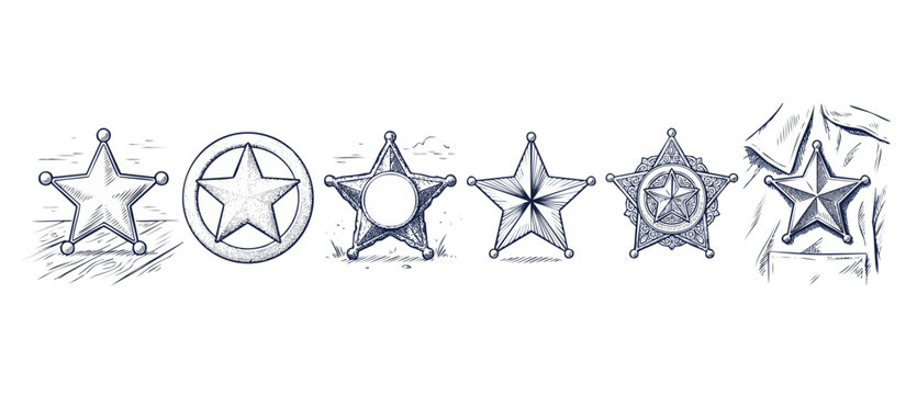 Sheriff star badge sketch collection of hand drawn vintage outlaw law enforcement marshall icons, rustic engraved cowboy elements isolated on white background for classic western design projects.