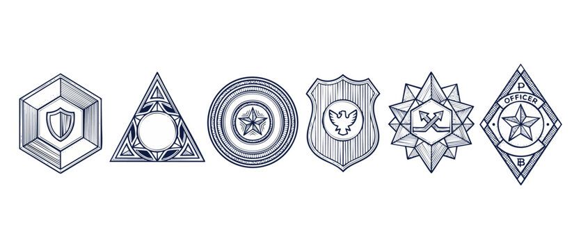 Vintage Police Badge Vector Set of geometric security shields, retro law enforcement insignias, heraldic emblem design templates, and military star rank icons in clean line art on a white background.
