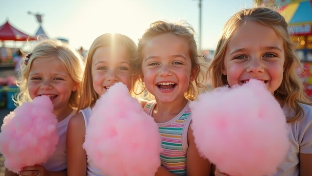 Happy children eating colorful cotton candy and ice cream at summer carnival, smiling friends outdoors, fun fair lifestyle, sunny vacation mood	