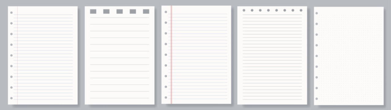 Set of 5 Notebook Paper Templates with Blank, Ruled Line and Grid Pages Vector Collection