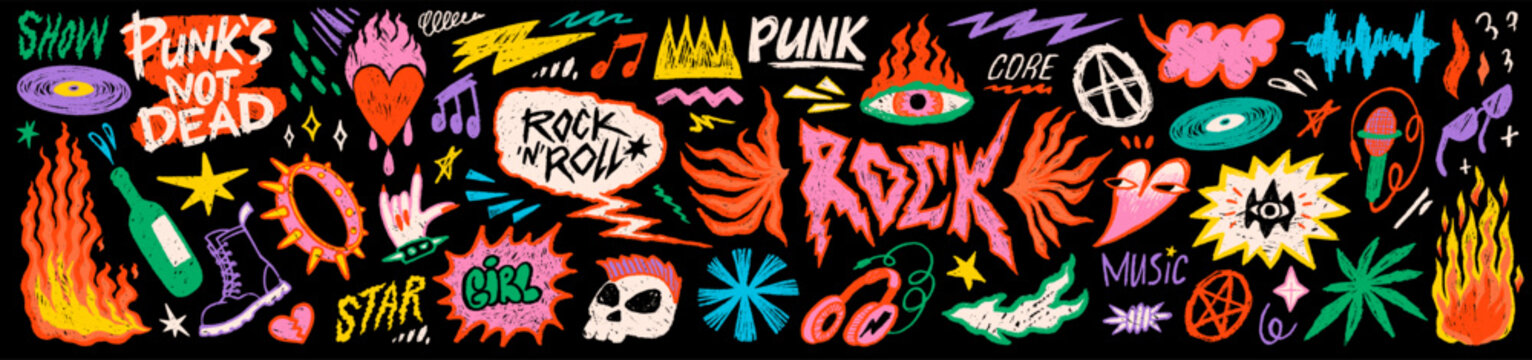 Music punk rock doodle sticker set with fire, lightning, skull and funky graffiti elements in colorful hand drawn style on black background. Punk rock graphics for posters and merch