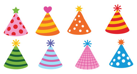 Set of colorful festive birthday party hats with different patterns birthday celebration colorful decoration accessory celebrate illustration