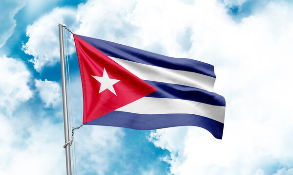 Cuba flag waving on sky background. 3D Rendering
