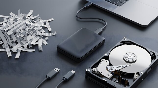 Data destruction concept with shredded paper and hard drive