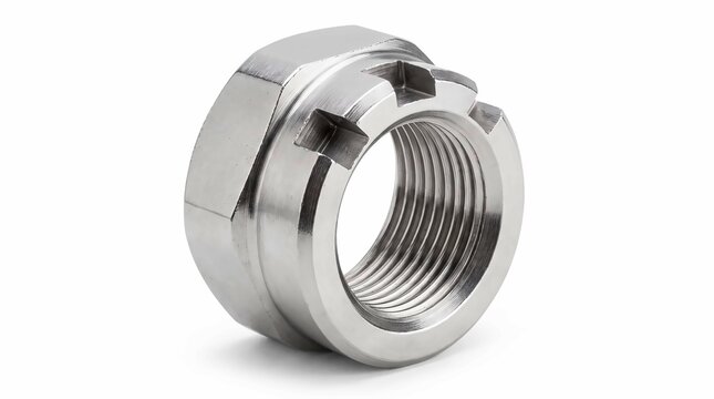 Shiny stainless steel slotted industrial lock nut isolated on a clean and bright white background