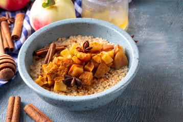 Obraz premium Autumn tasty breakfast Oatmeal Porridge with Apple and Cinnamon in bowl, top view. Healthy balanced morning meal, oats with baked apple