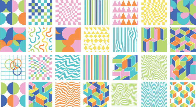 Collection of colorful abstract geometric patterns and memphis style shapes graphic design assets with abstract geometric colorful background creative illustration backdrop