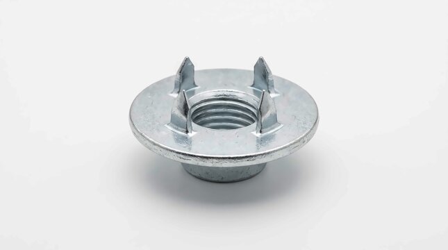 Single silver metal tee nut fastener with sharp prongs on a clean white studio background