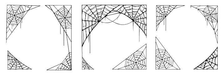 Obraz premium Halloween Spiderweb Corner Frame Set. Black gothic cobweb border collection with draping web decoration for spooky poster, card and holiday design