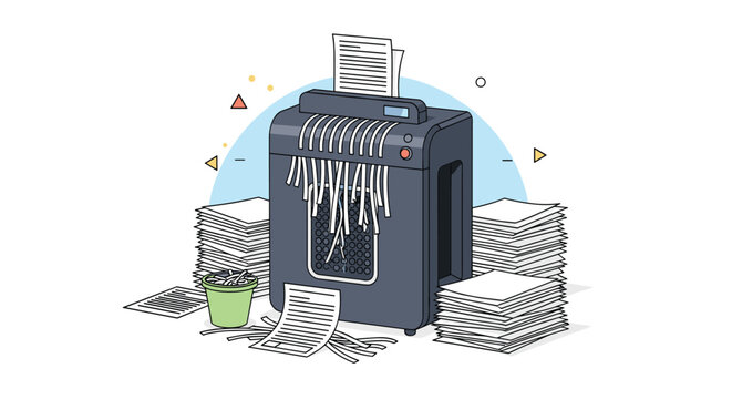 Paper shredder machine processing documents with piles of shredded paper and stacked files in an office setting for data security.