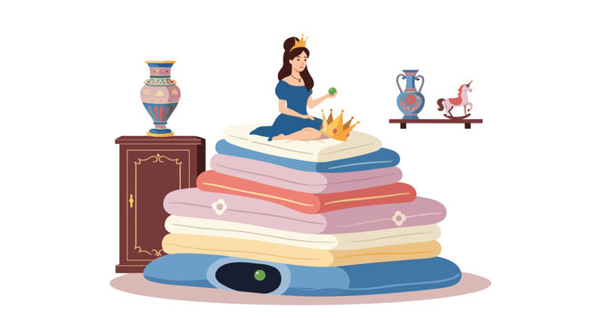 Princess sitting on a massive stack of colorful mattresses looking for a small green pea hidden under the bottom layer of bedding.