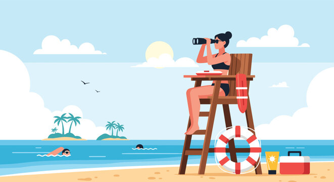 Professional female lifeguard sits on a high chair and scans the ocean with binoculars for safety at a tropical beach resort.