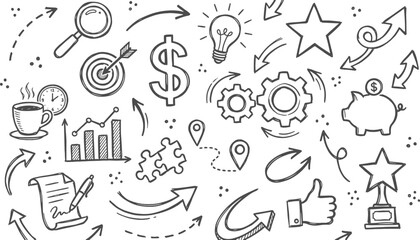 Business development and marketing strategy doodle concept with success and finance icons business marketing strategy planning management investment creativity leadership analysis © Kanon Islam