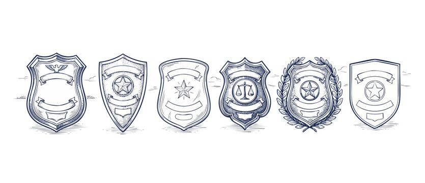 Police badge shield vector template set featuring vintage hand drawn sheriff star emblems with blank banners and heraldic design elements for security, law enforcement, and justice branding illustrati