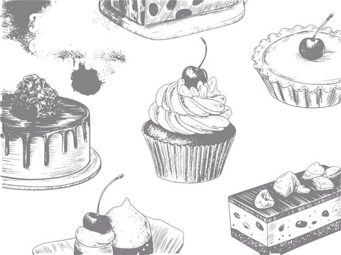 Dibujo a mano de varios deliciosos postres y pasteles con cerezas