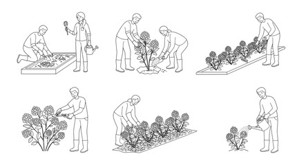Obraz premium Hortensja vector lineart gardening people outline set. Sketch drawing collection showing man and woman planting, watering, and pruning botanical floral bush in spring nature.